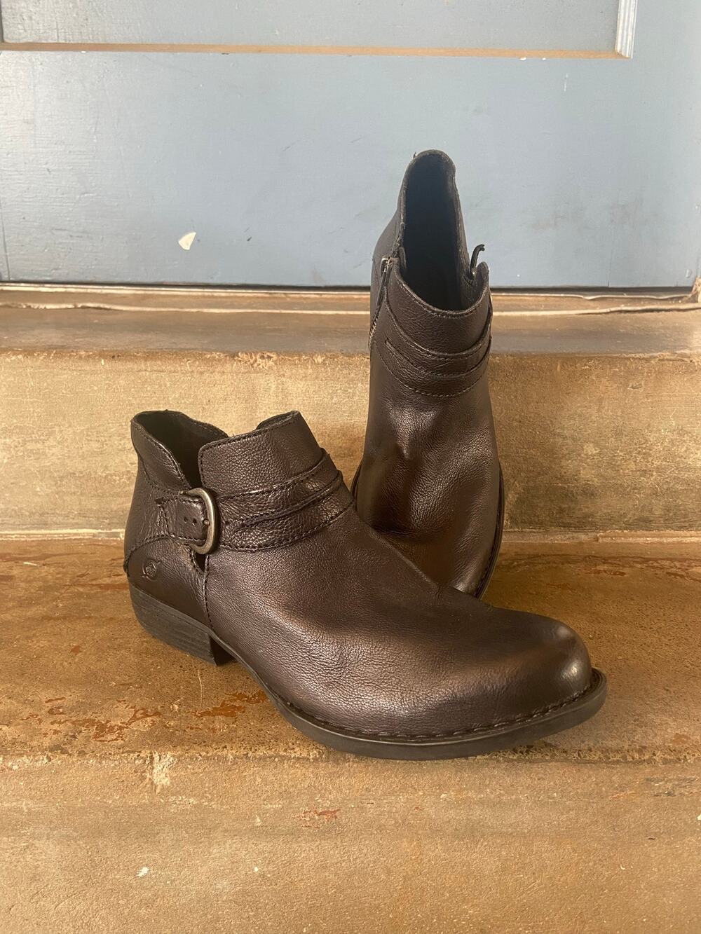 Born black leather low heeled ankle boot with round toe & side cut outs